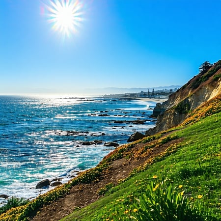 Sun shining overlooking Pacific Ocean in San Diego, CA.