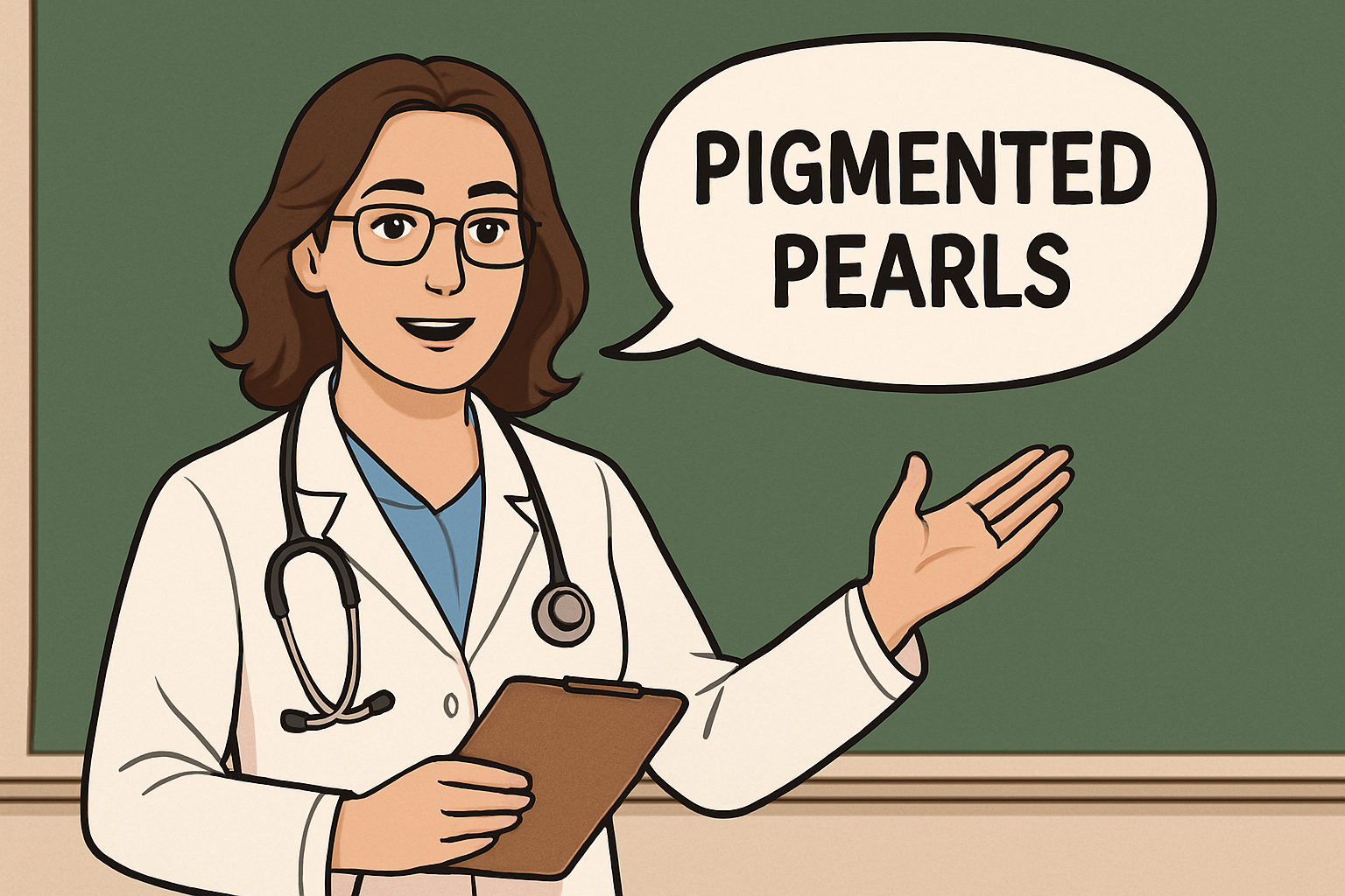 A woman doctor lecturing with a word bubble that has "Pigmented Pearls" inside of it