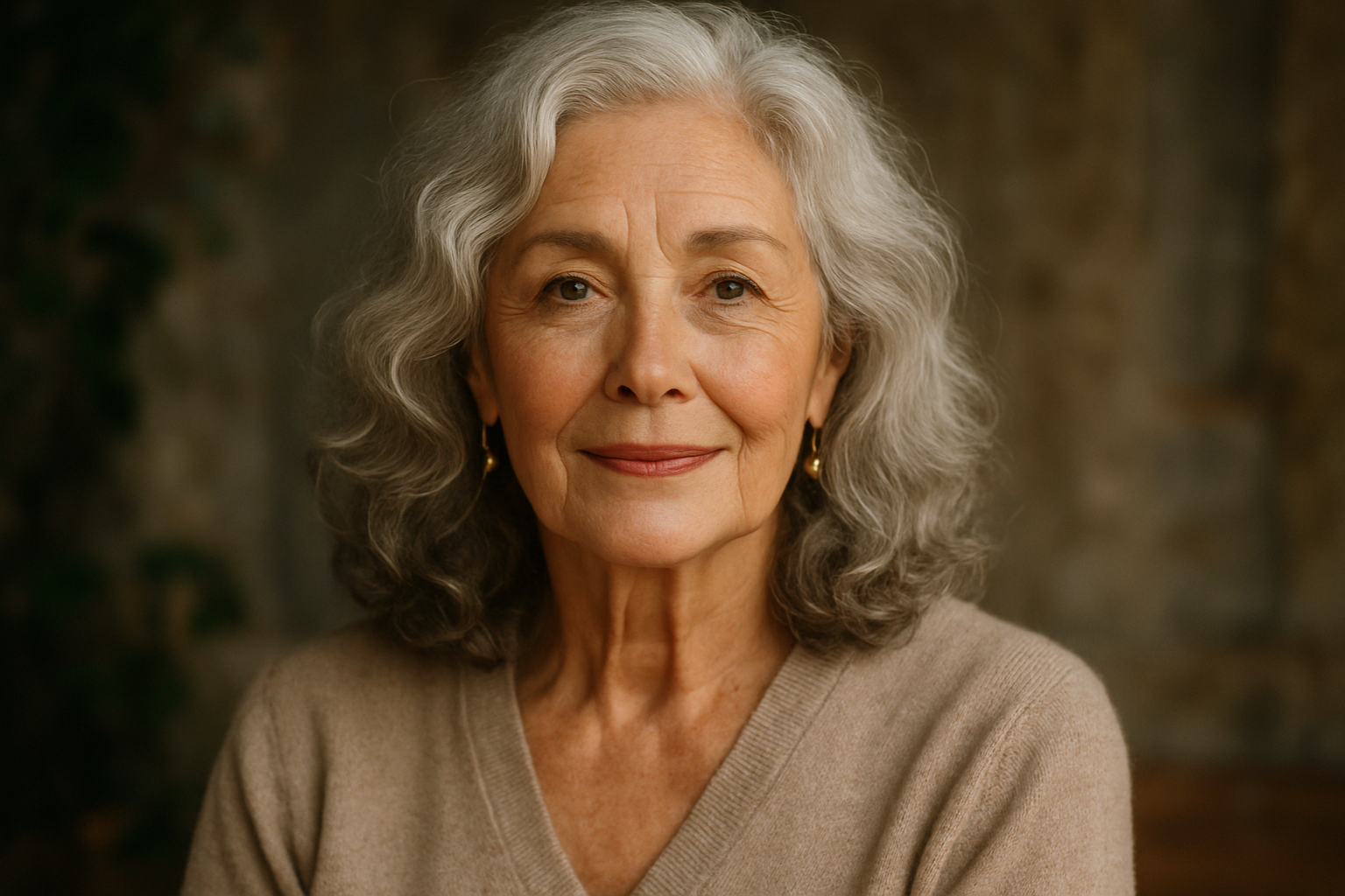beautiful older caucasian woman with grey wavy hair