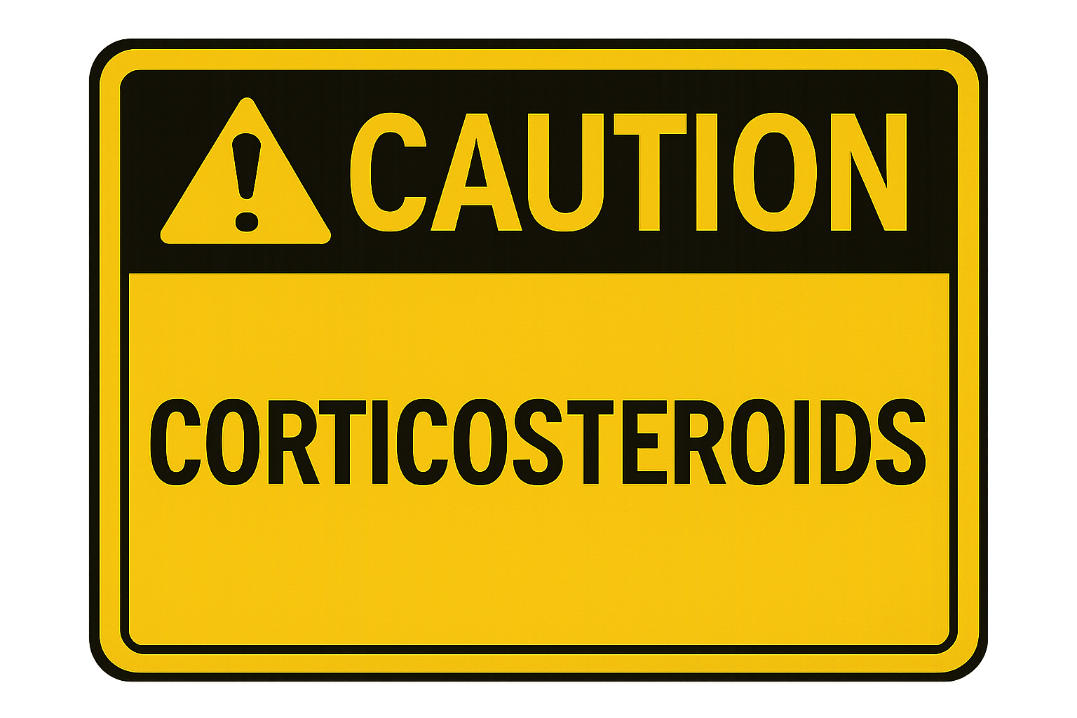 bright yellow caution sign and symbol with the word corticosteroids