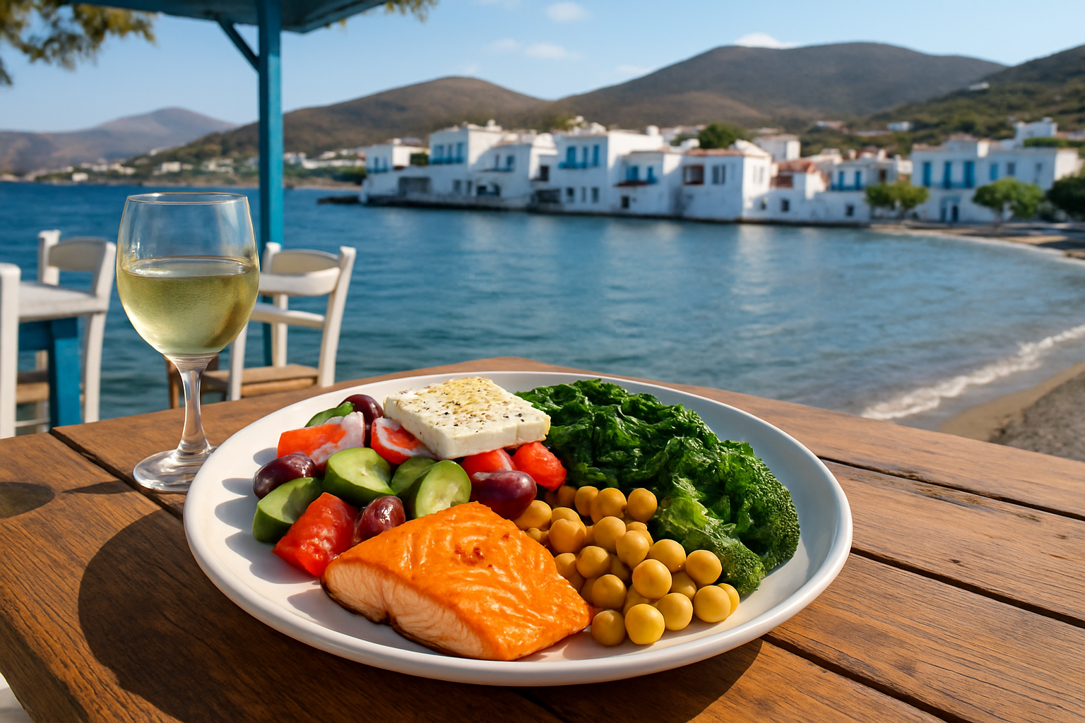 mediterranean dinner with backdrop of greek island on a waterfront