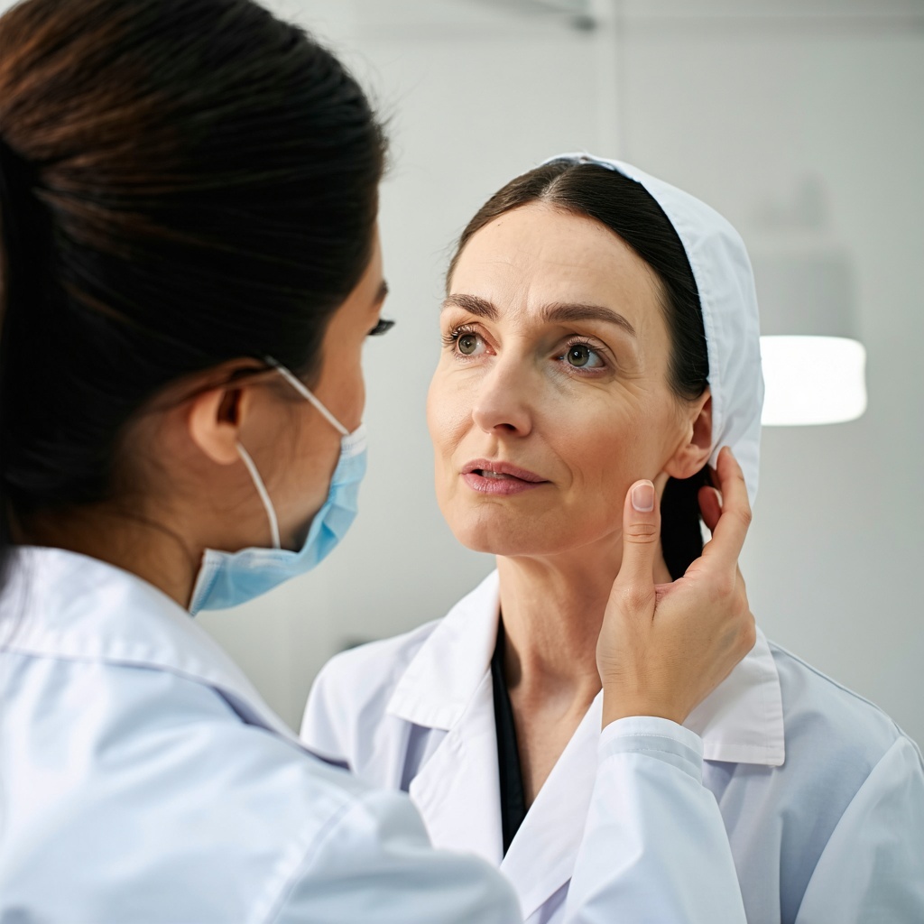 Female wearing white coat and medical mask examining a woman with a white scarf hat