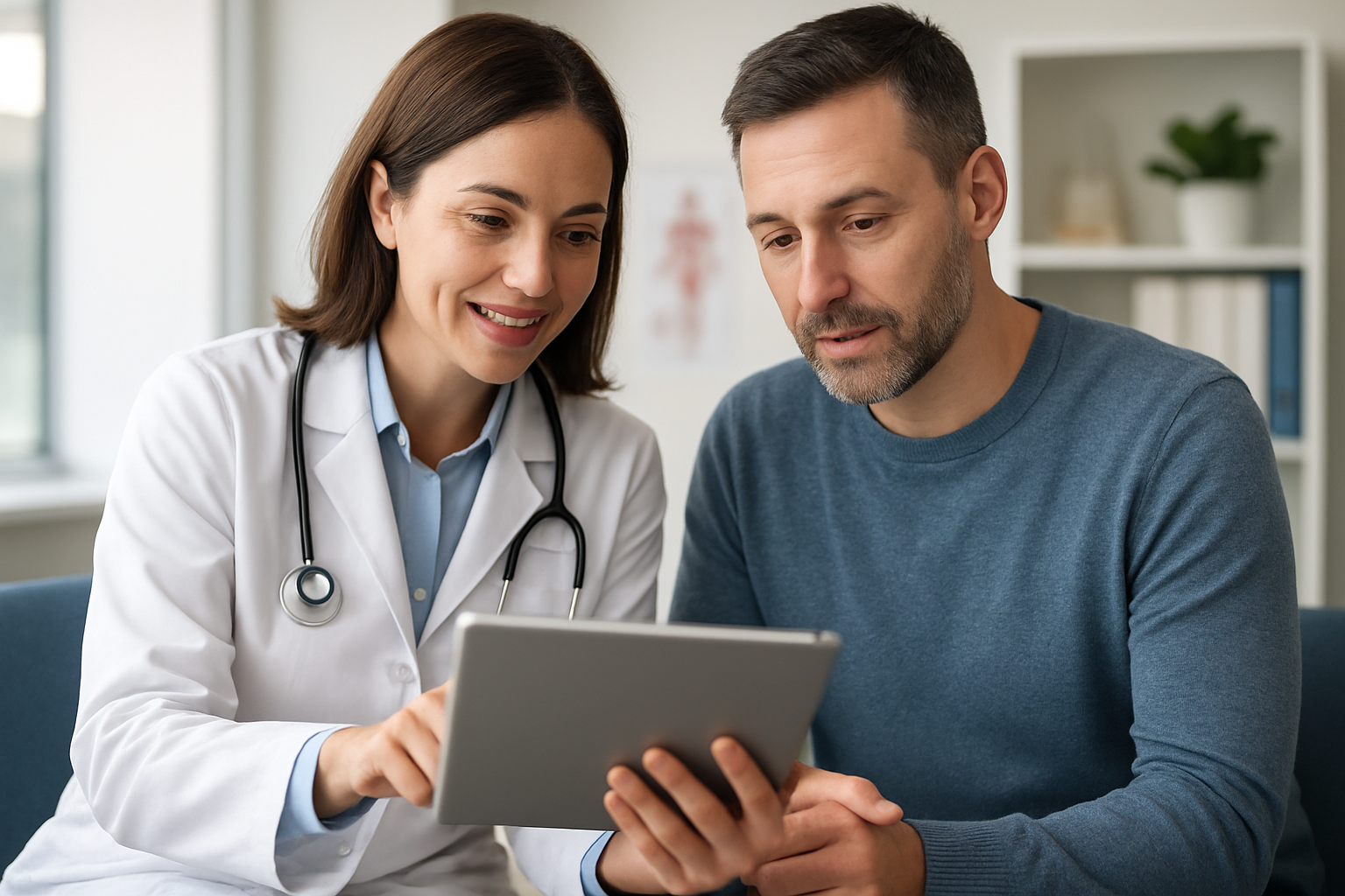 female doctor and male patient looking at data on an ipad together