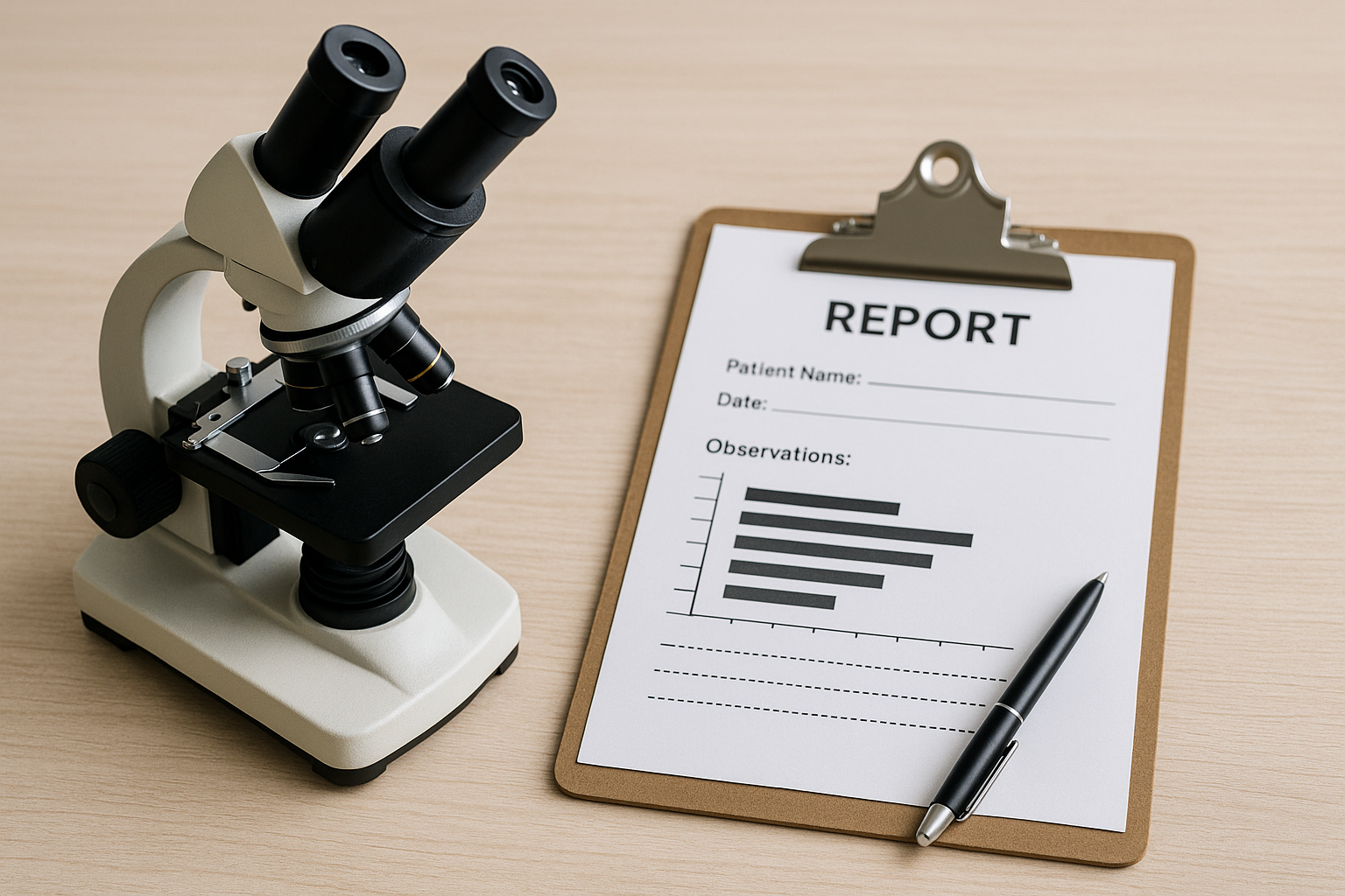 Microscope next to a clipboard with pen