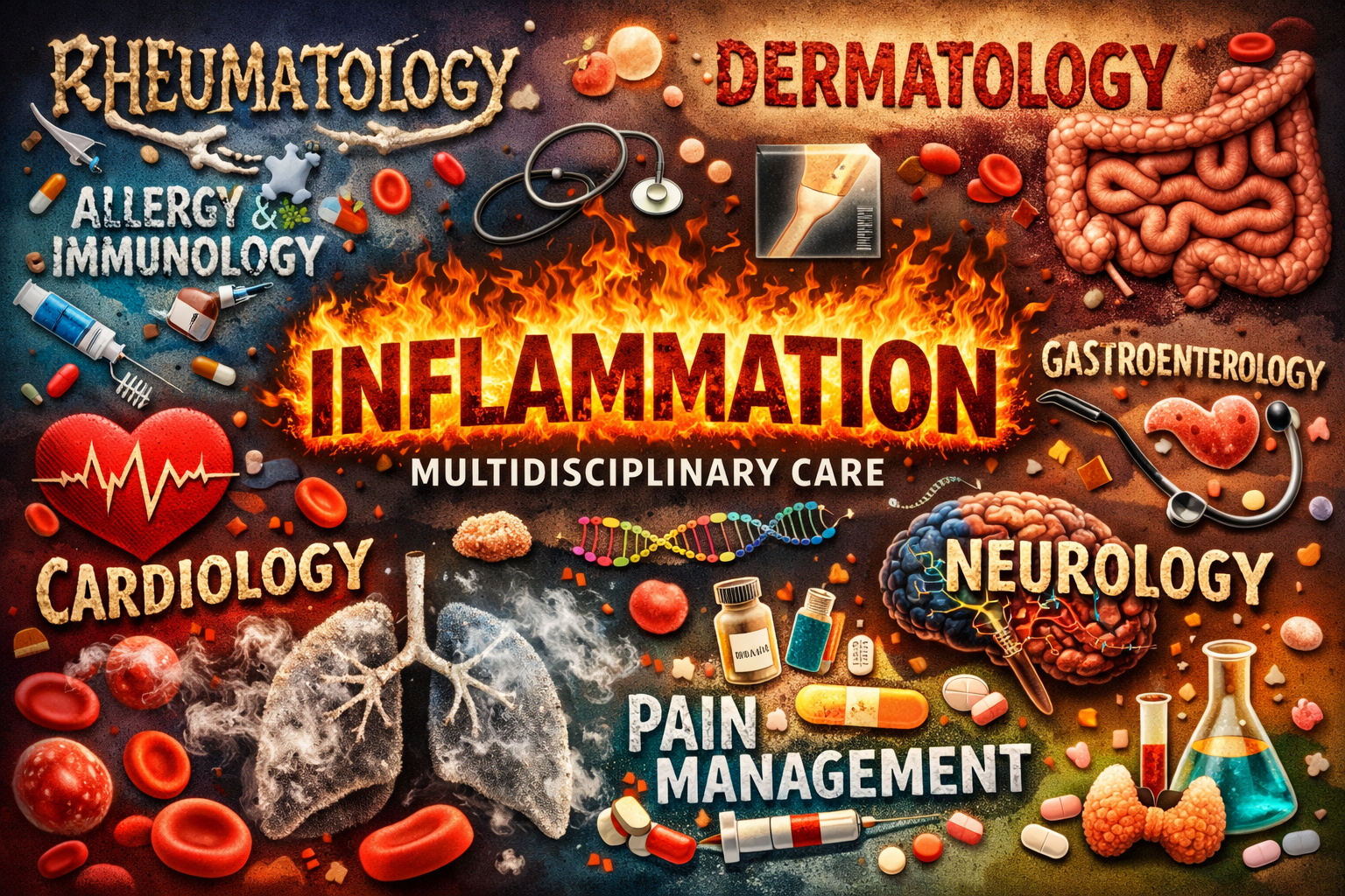 image that has words of different disciplines that circle around inflammation
