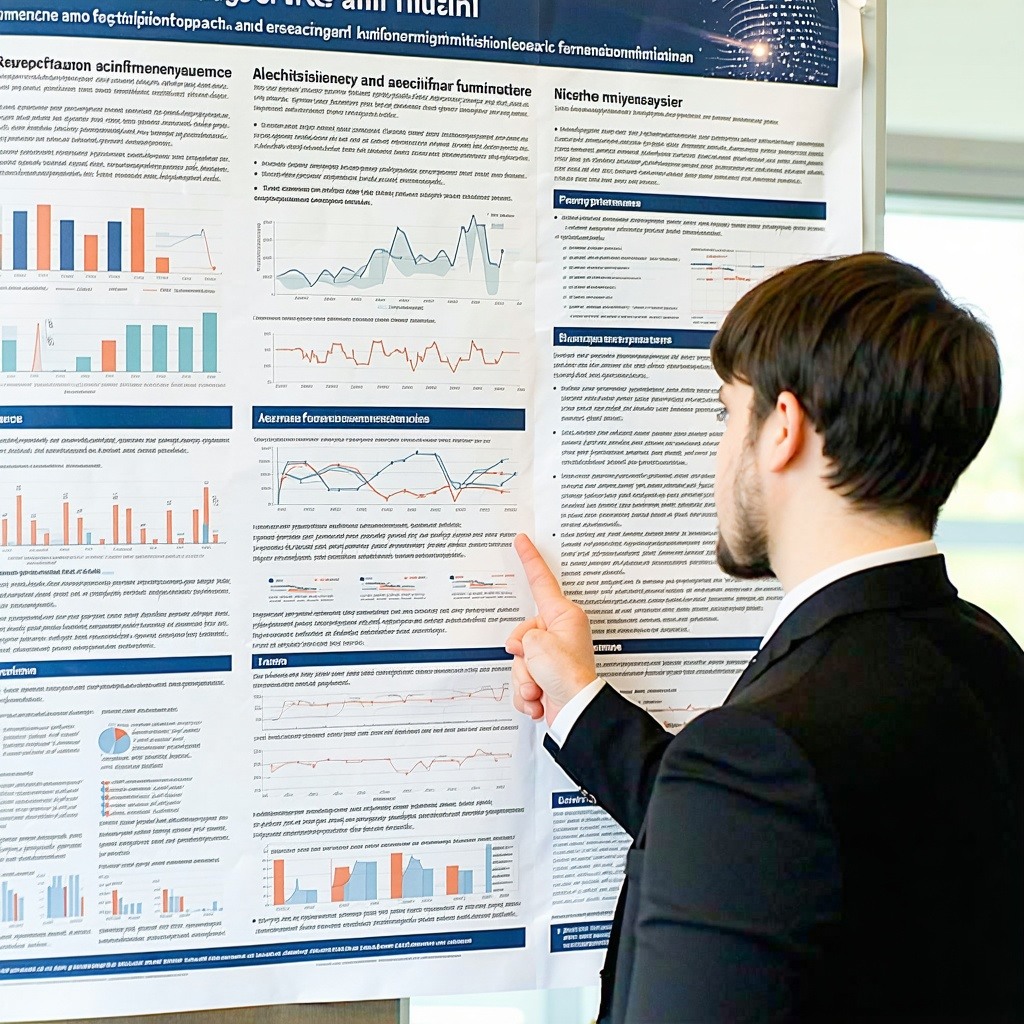 Male in a suit reviewing and reading while pointing finger on a research poster