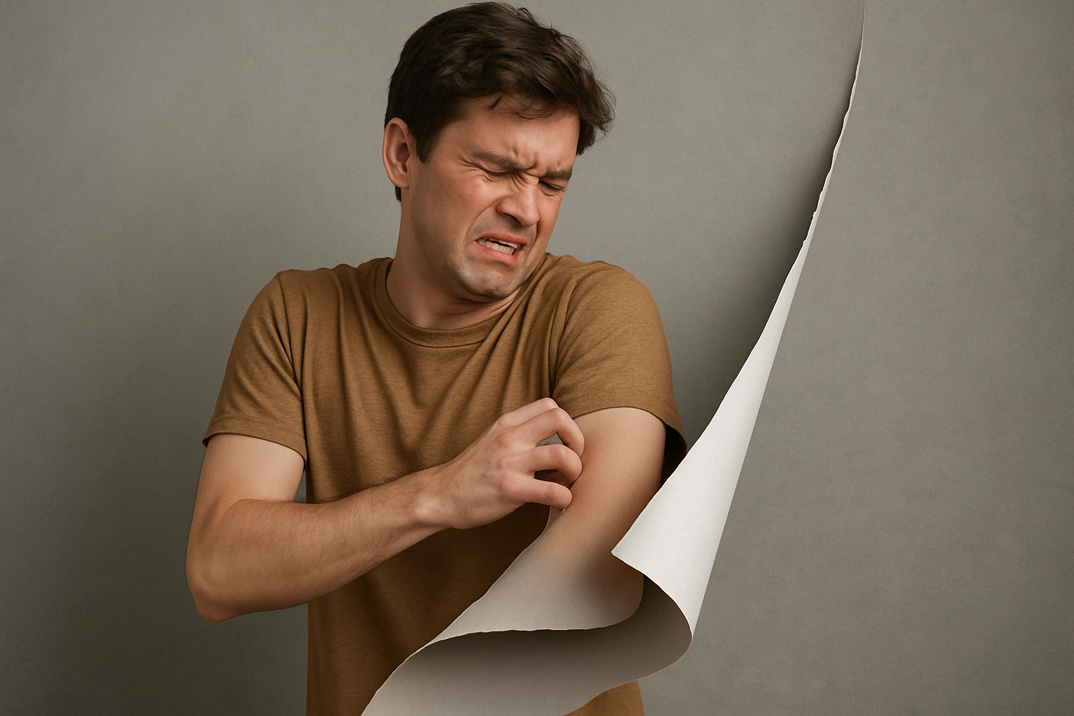 person scratching his arm with the appearance of the picture unraveling