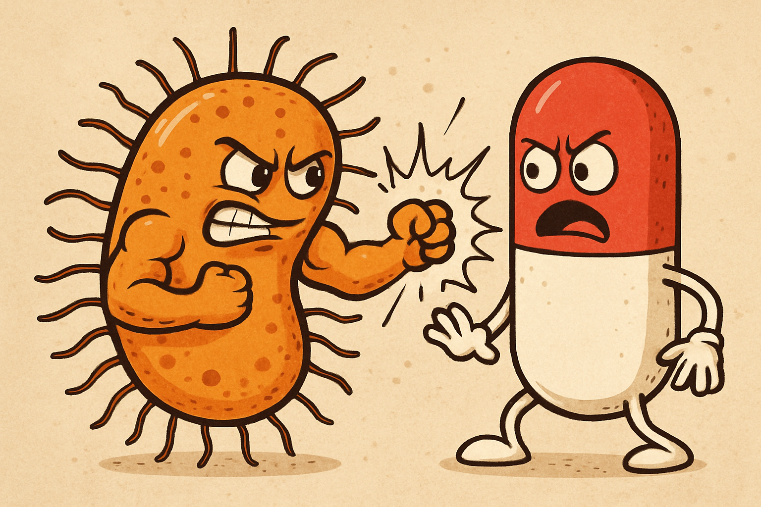 strong bacteria fighting off an antibiotic pill cartoon