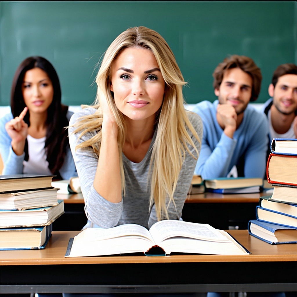 Several people in a classroom setting surrounded by books