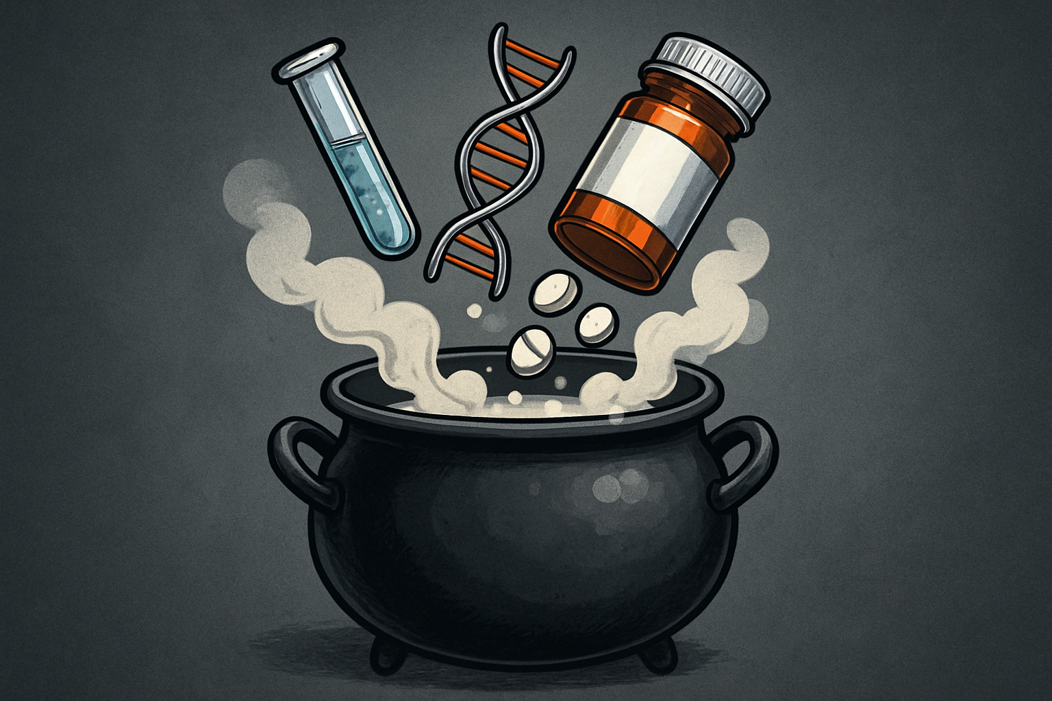 Big black pot with steam and test tube, bottle of pills and dna helix being dropped in