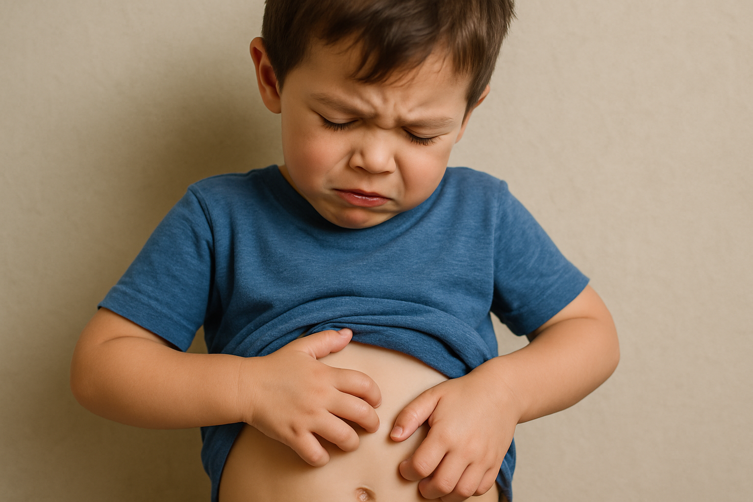 child in blue shirt scratching his belly with a sad face
