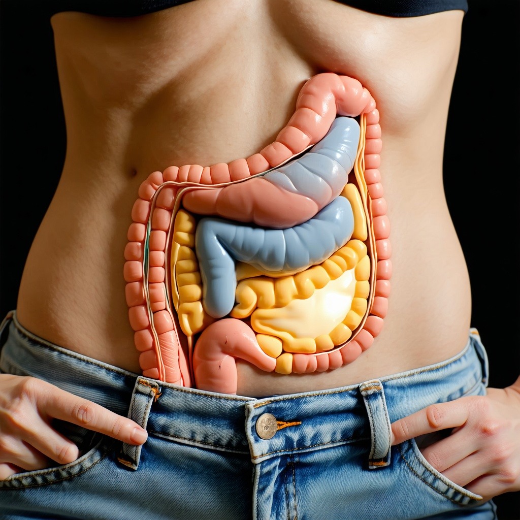 image of intestines superimposed on an abdomen