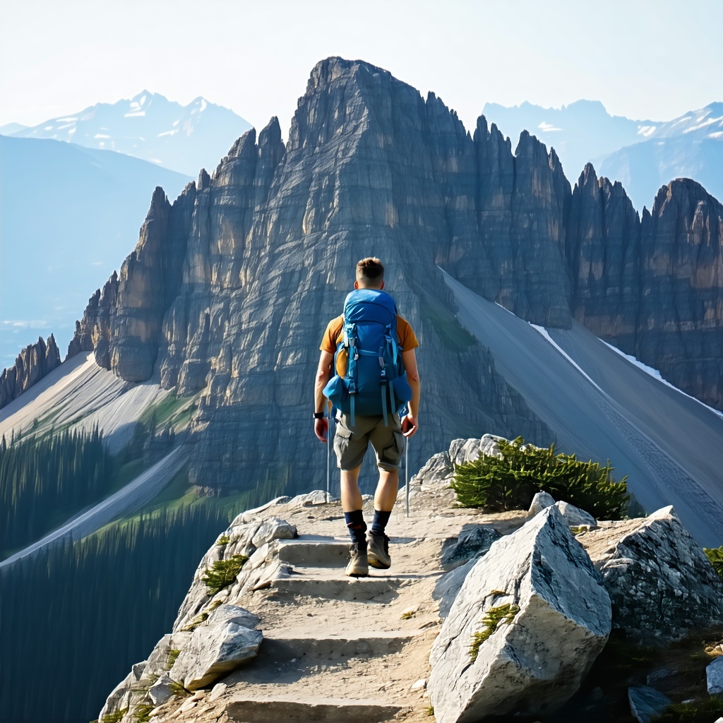 hiker walking on a trail toward a steep mountain