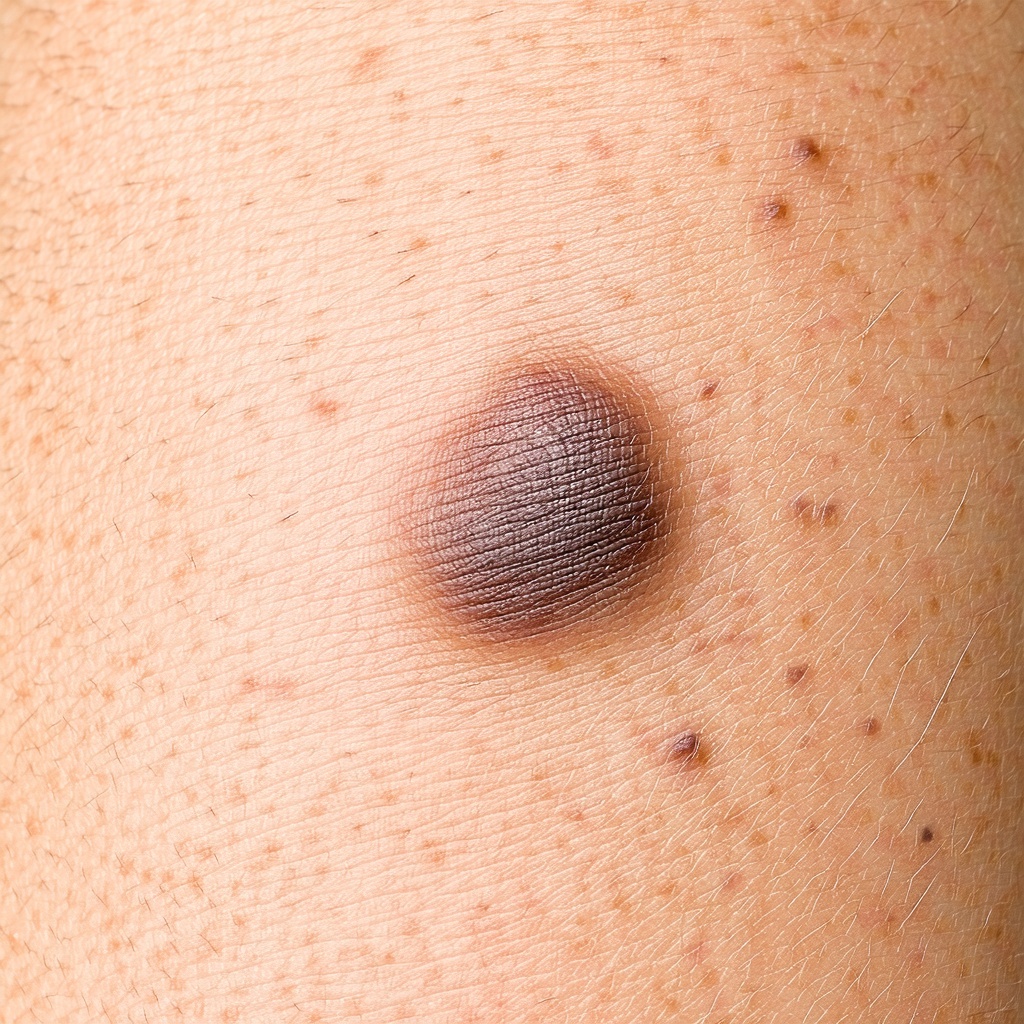 fuzzy pigmented circular mole on caucasian skin surrounded by freckles