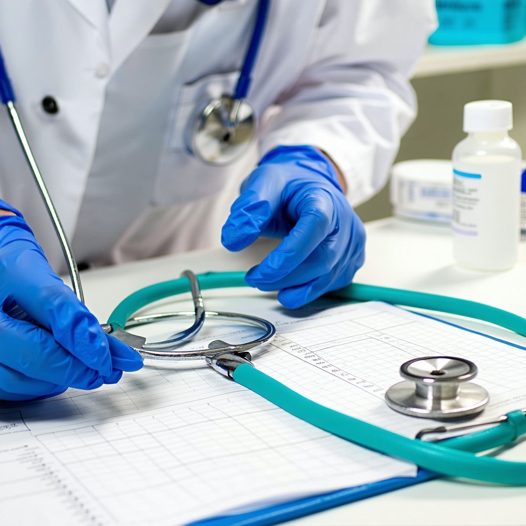 medical professional writing on desk next to a stethoscope