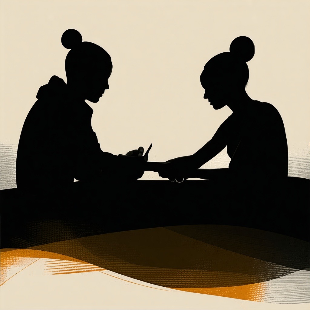 Abstract shadow image of two people sitting side by side working together