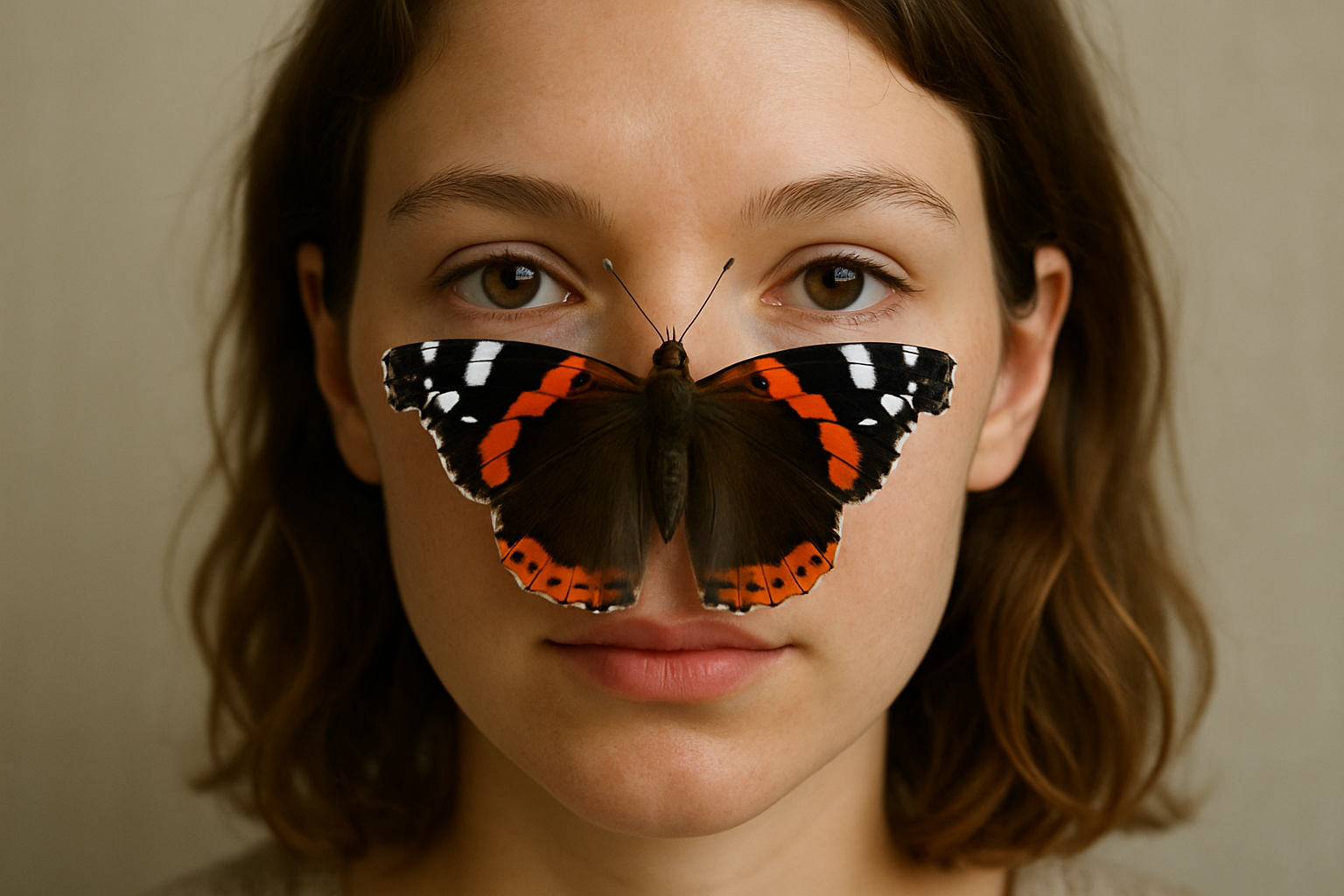 female with a butterfly centered on her nose and cheeks