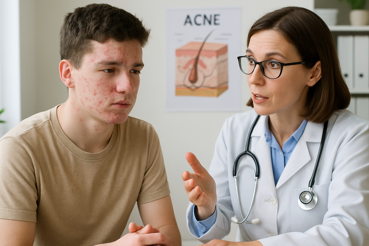 patient with moderate acne and doctor explaining condition next to him