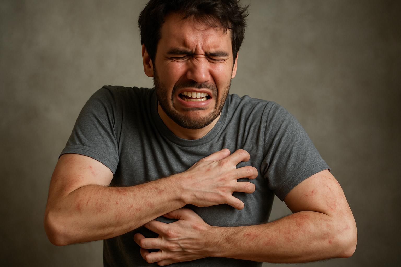 person looking miserable due to itchy skin and scratching