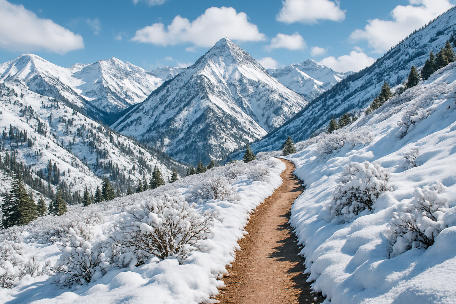 snow covered utah mountains with a hiking trail going through the middle