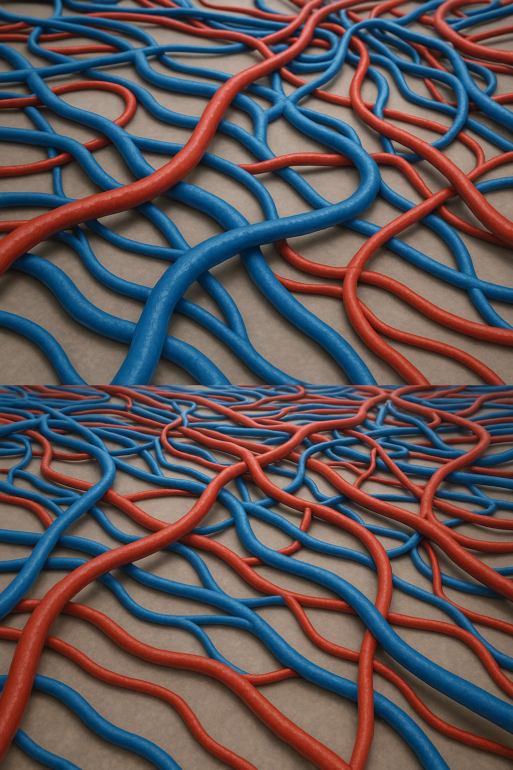 blue and red blood vessels in a convoluted pattern