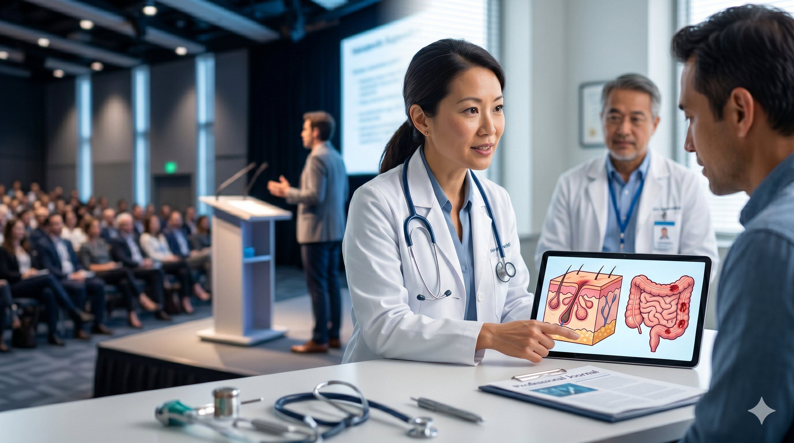 woman doctor explaining skin and gut on computer to patient