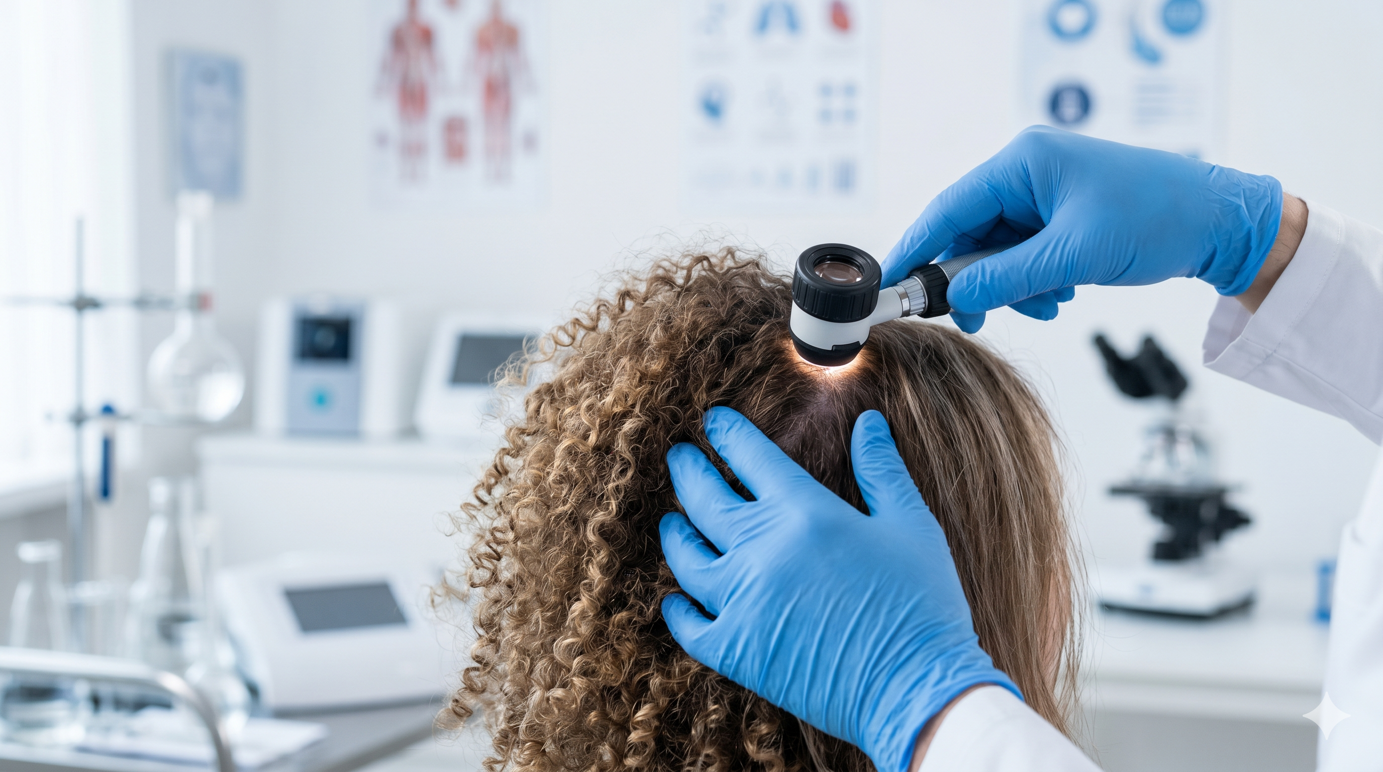 provider using dermascopy to look at a womans scalp