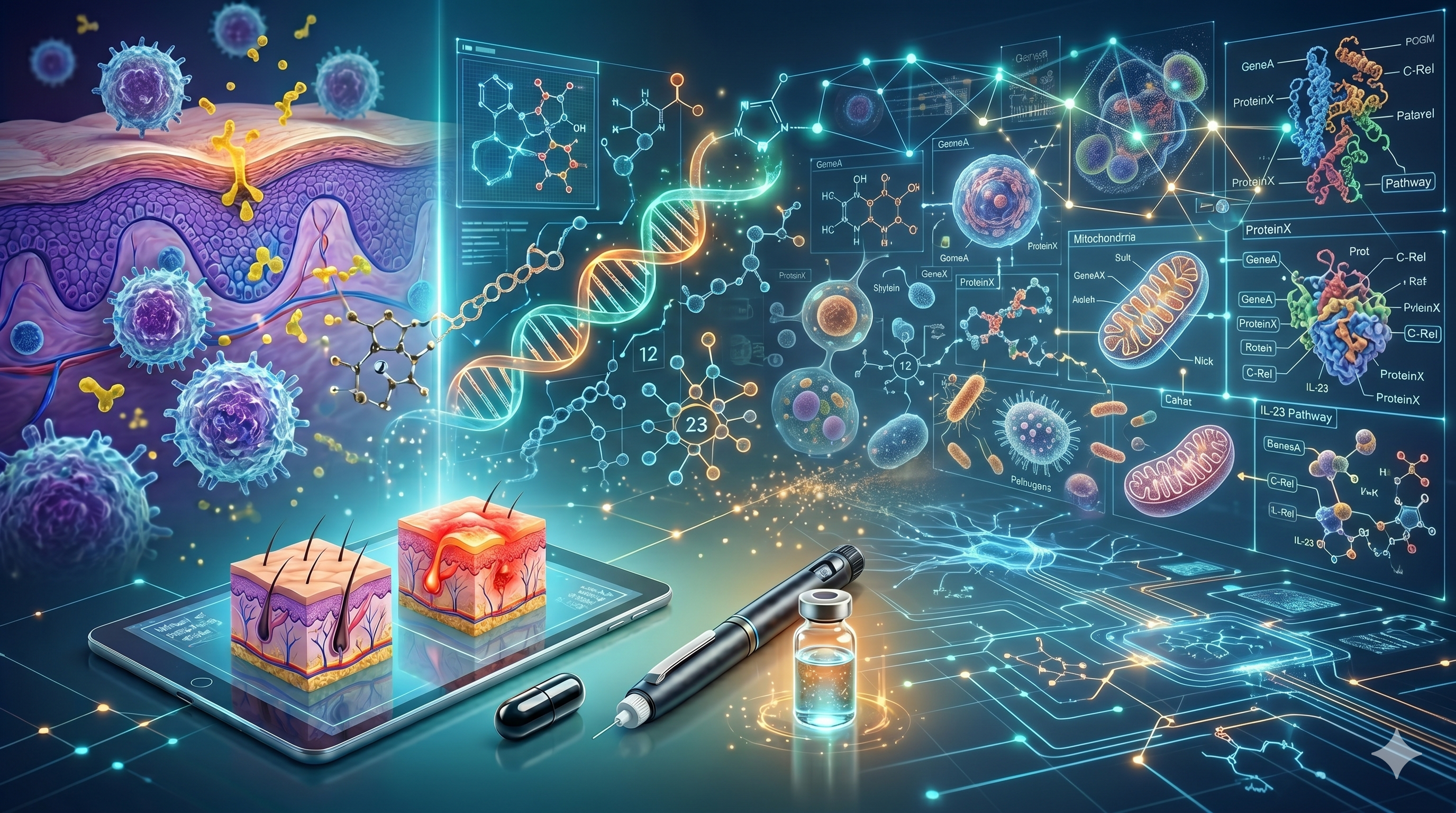 image of dna and skin and evolution of pills and injections for dermatology conditions