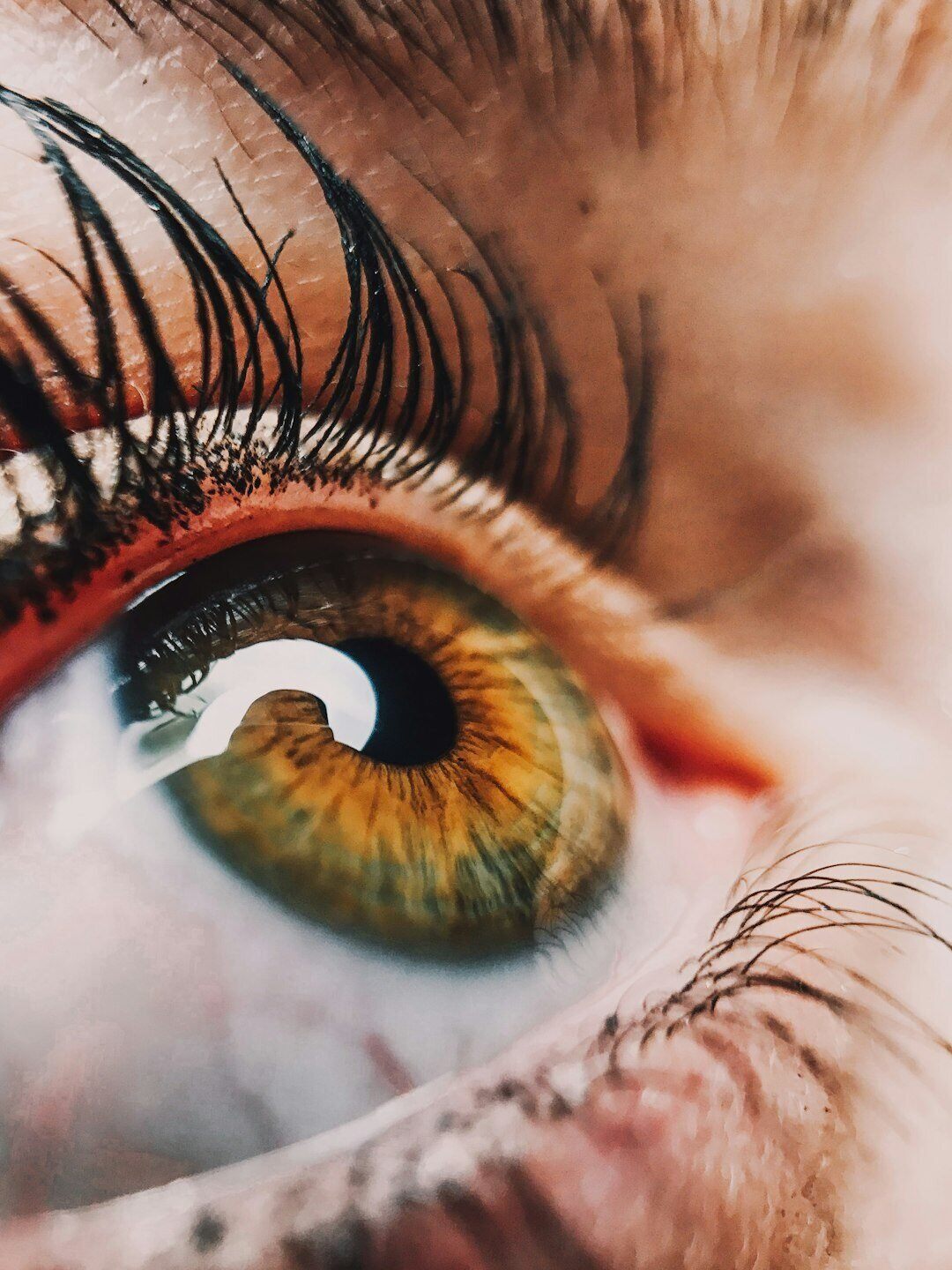 close up view of eye with greenish brown and long black eyelashes