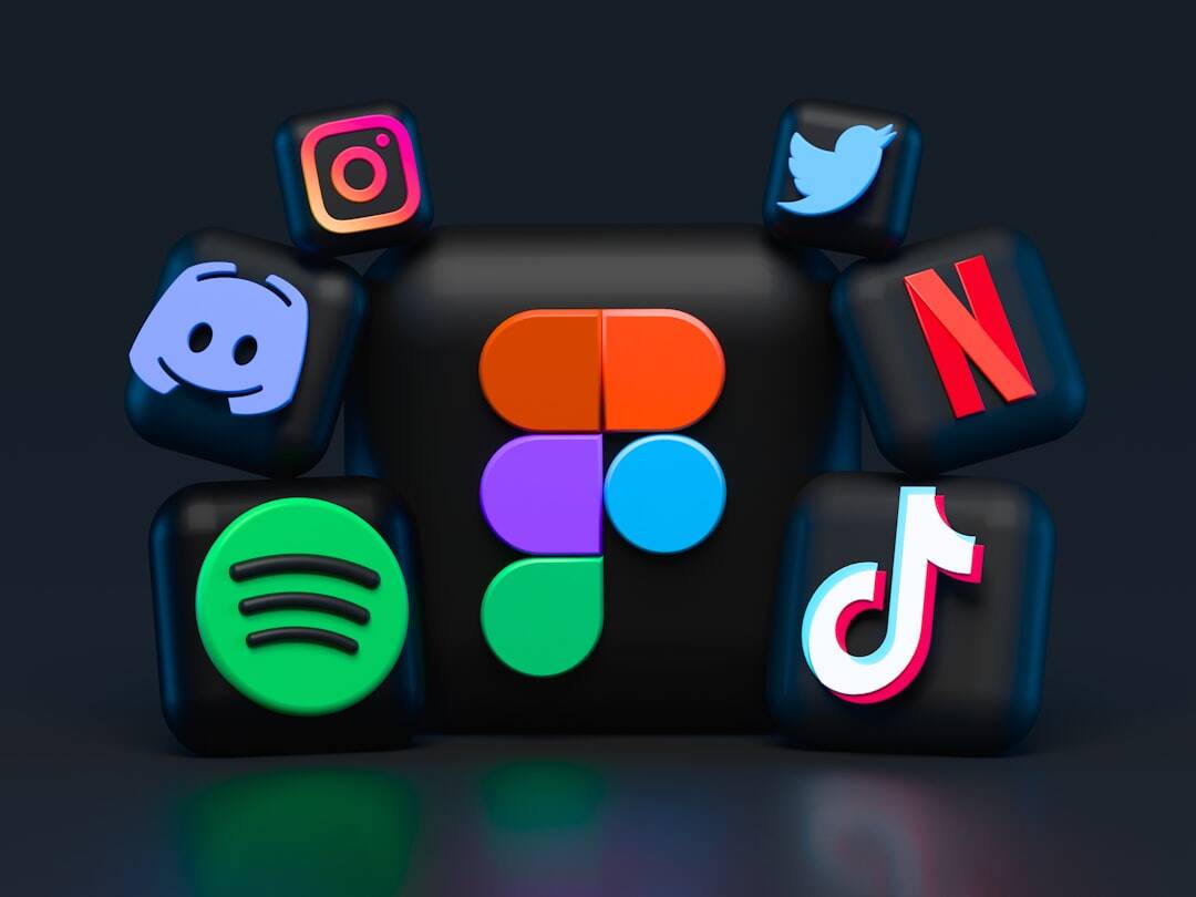 black background with symbols of social media like spotify, netflix and tik tok