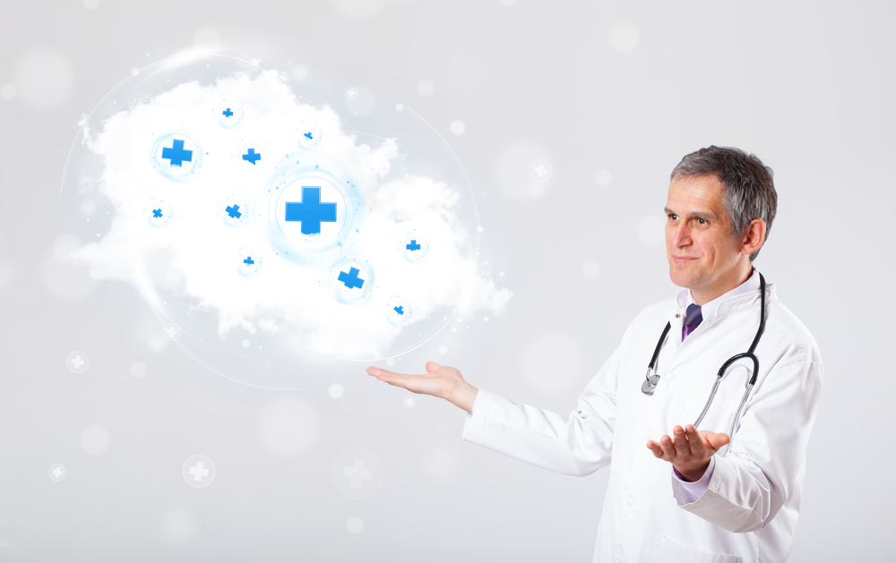Profesional doctor listening to abstract cloud with medical signs