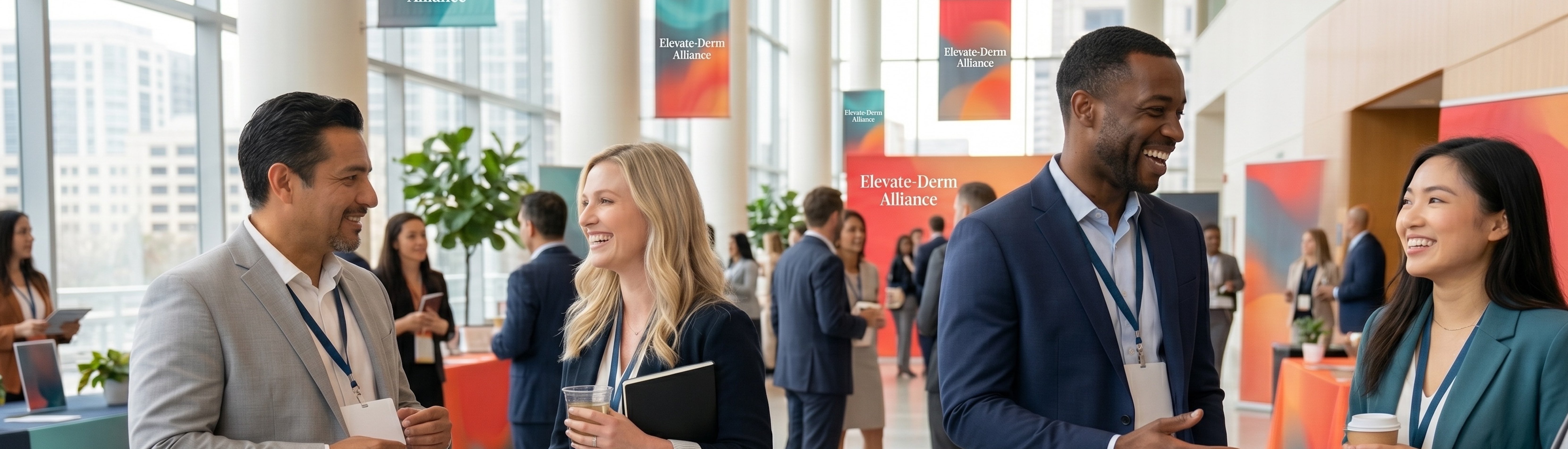 conference goers networking wearing lanyards drinking coffee