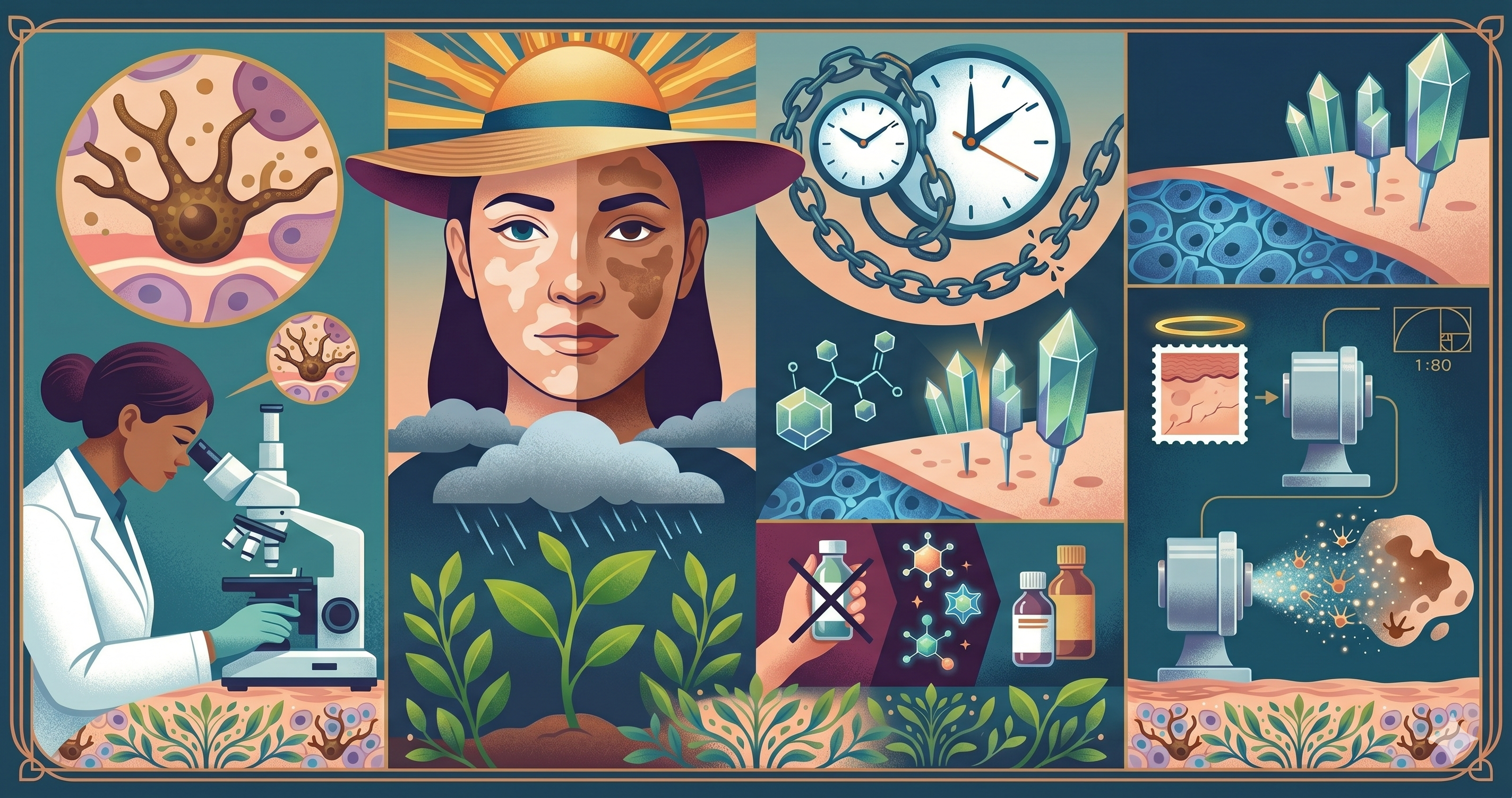 cartoon image of woman with both vitiligo and melasma and other graphics depicted melanocytes